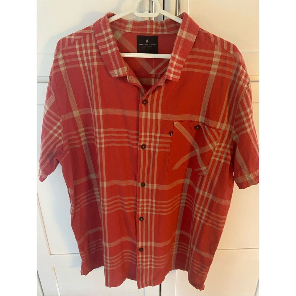 Junk Food Clothing Plaid Button Down Shirt Size XL Short Sleeve Mens Melon Taupe